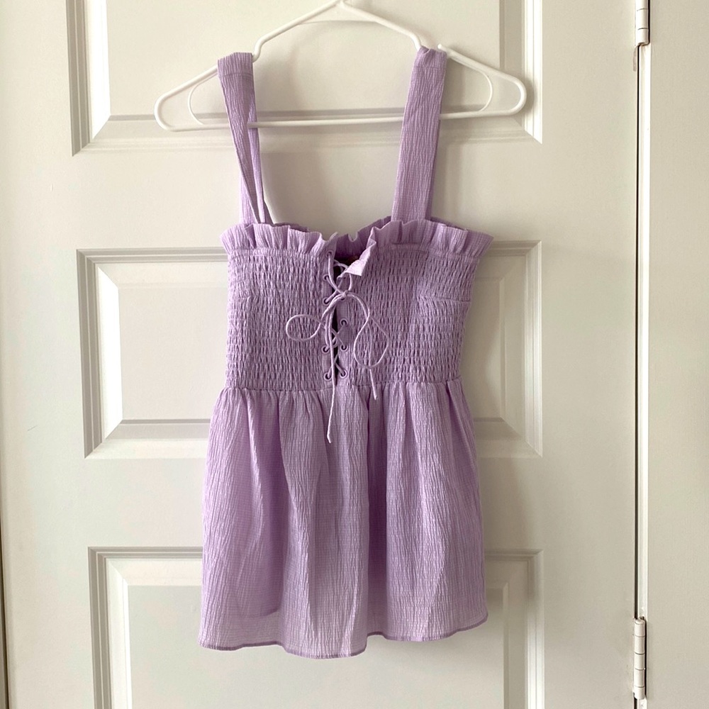 Crepe lilac babydoll top- spaghetti straps, lace up front - stretchy bust.